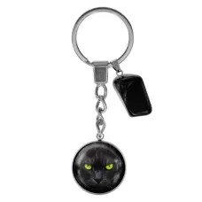 Брелок из нержавеющей стали Черный кот с натуральным камнем Черный агат BKM-046