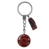 Брелок из нержавеющей стали Пентаграмма с натуральным камнем Красная яшма BKM-047