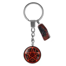 Брелок из нержавеющей стали Пентаграмма с натуральным камнем Красная яшма BKM-047