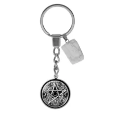 Брелок из нержавеющей стали Лунная пентаграмма с натуральным камнем Кахолонг BKM-048
