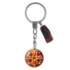 Брелок из нержавеющей стали Огненная пентаграмма с натуральным камнем Красная яшма BKM-049