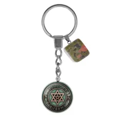 Брелок из нержавеющей стали Звезда Давида и пентаграмма с натуральным камнем Унакит BKM-058