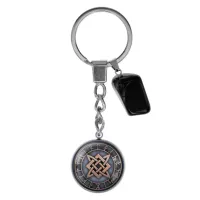 Брелок из нержавеющей стали Звезда Руси с натуральным камнем Черный агат BKM-059