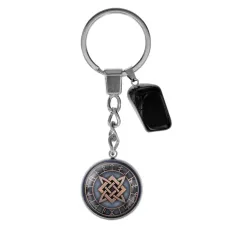 Брелок из нержавеющей стали Звезда Руси с натуральным камнем Черный агат BKM-059
