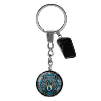 Брелок из нержавеющей стали Волк с натуральным камнем Черный агат BKM-060