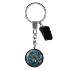 Брелок из нержавеющей стали Волк с натуральным камнем Черный агат BKM-060