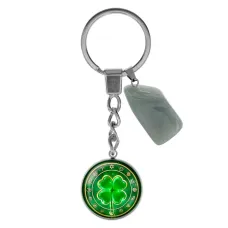 Брелок из нержавеющей стали Клевер удачи с натуральным камнем Нефрит BKM-063