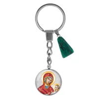 Брелок из нержавеющей стали Божья Матерь с синтетическим камнем Малахит BKM-065