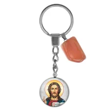 Брелок из нержавеющей стали Иисус Христос с натуральным камнем Сердолик BKM-066