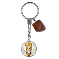 Брелок из нерж. стали Николай Чудотворец с нат. камнем Тигровый глаз BKM-067