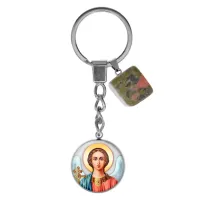 Брелок из нержавеющей стали Ангел-Хранитель с натуральным камнем Унакит BKM-068