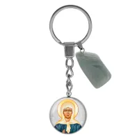 Брелок из нержавеющей стали Матрона Московская с натуральным камнем Нефрит BKM-069