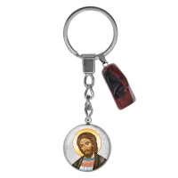 Брелок из нержавеющей стали Александр Невский с натуральным камнем Красная яшма BKM-070