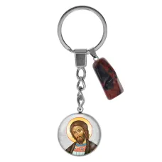 Брелок из нержавеющей стали Александр Невский с натуральным камнем Красная яшма BKM-070