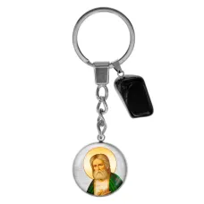 Брелок из нержавеющей стали Серафим Саровский с натуральным камнем Черный агат BKM-071
