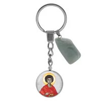 Брелок из нерж. стали Пантелеимон с нат. камнем Нефрит BKM-073