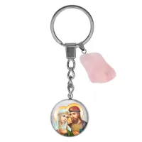 Брелок из нерж. стали Петр и Феврония с нат. камнем Розовый кварц BKM-075