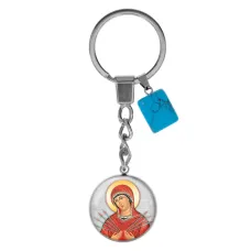 Брелок из нержавеющей стали Семистрельная икона Божьей матери с синтетическим камнем Бирюза BKM-078