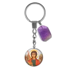 Брелок из нержавеющей стали Михаил, архангел с натуральным камнем Аметист BKM-079