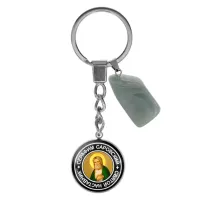 Брелок из нержавеющей стали Серафим Саровский с натуральным камнем Нефрит BKM-082