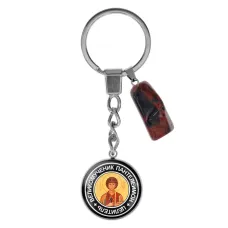 Брелок из нержавеющей стали Пантелеимон с натуральным камнем Красная яшма BKM-084