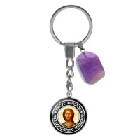 Брелок из нержавеющей стали Господь Вседержитель с натуральным камнем Аметист BKM-086
