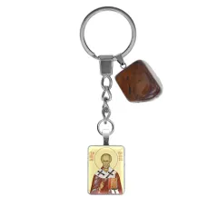 Брелок из нержавеющей стали Свт. Николай Чудотворец с натуральным камнем Тигровый глаз BKM-ALE302