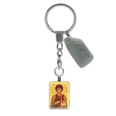 Брелок из нержавеющей стали Св. вмч. и целитель Пантелеимон с нат. камнем Нефрит BKM-ALE304