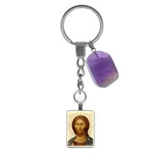 Брелок из нержавеющей стали Господь Вседержитель с натуральным камнем Аметист BKM-ALE306