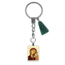 Брелок из нержавеющей стали Пресвятая Богородица (Казанская) с сит. камнем Малахит BKM-ALE307