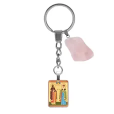 Брелок из нержавеющей стали Благоверные князь Петр и княгиня Феврония с натуральным камнем Розовый кварц BKM-ALE308