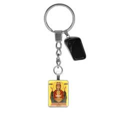 Брелок из нержавеющей стали Пресвятая Богородица (Неупиваемая чаша) с натуральным камнем Черный агат BKM-ALE314