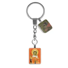 Брелок из нержавеющей стали Св. Великомученица Варвара с натуральным камнем Унакит BKM-ALE318