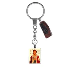 Брелок из нержавеющей стали Св. благ. Князь Александр Невский с нат. камнем Красная Яшма BKM-ALE319