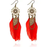 Серьги Ловец снов с перьями, цвет красный SE104-4