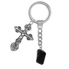 Брелок Крест с нат.камнем Чёрный агат BKL-01-02