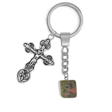 Брелок Крест с нат.камнем Унакит BKL-01-04