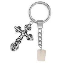 Брелок Крест с синт.камнем Лунный камень BKL-01-05