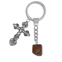 Брелок Крест с нат.камнем Тигровый глаз BKL-01-07