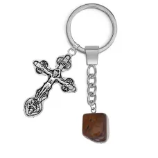 Брелок Крест с нат.камнем Тигровый глаз BKL-01-07