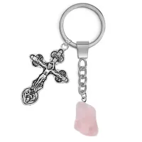 Брелок Крест с нат.камнем Розовый кварц BKL-01-08