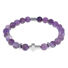 Христианский браслет Крест с нат.камнем Аметист 8мм BSH-14-03