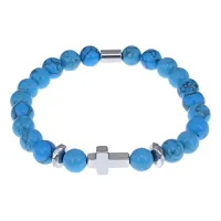 Христианский браслет Крест с синт.камнем Бирюза 8мм BSH-14-05