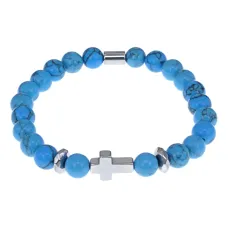 Христианский браслет Крест с синт.камнем Бирюза 8мм BSH-14-05