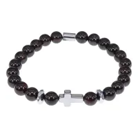 Христианский браслет Крест с нат.камнем Гранат 8мм BSH-14-06