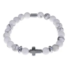 Христианский браслет Крест с нат.камнем Кахолонг 8мм BSH-14-07