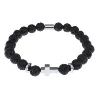 Христианский браслет Крест с нат.камнем Лава 8мм BSH-14-09