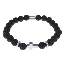 Христианский браслет Крест с нат.камнем Лава 8мм BSH-14-09