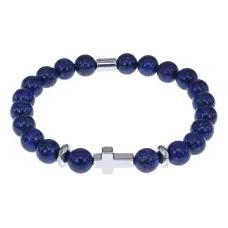 Христианский браслет Крест с нат.камнем Лазурит 8мм BSH-14-10