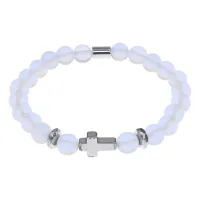 Христианский браслет Крест с синт.камнем Лунный камень 8мм BSH-14-11